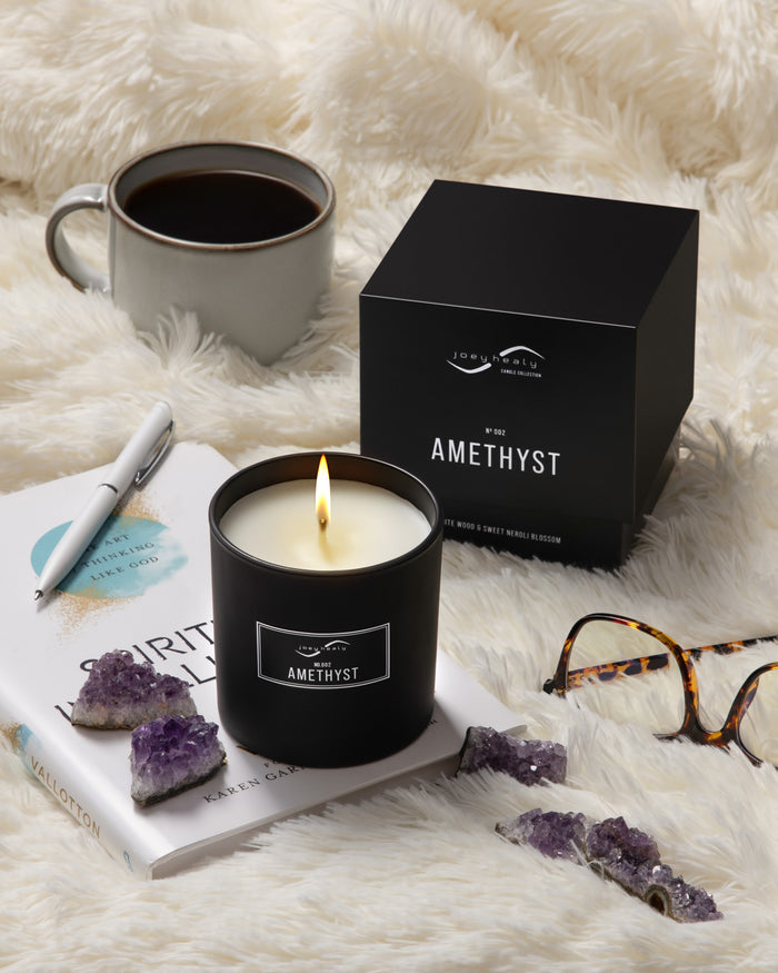 Amethyst Candle. Mesquite Wood and Sweet Neroli Blossom scent.